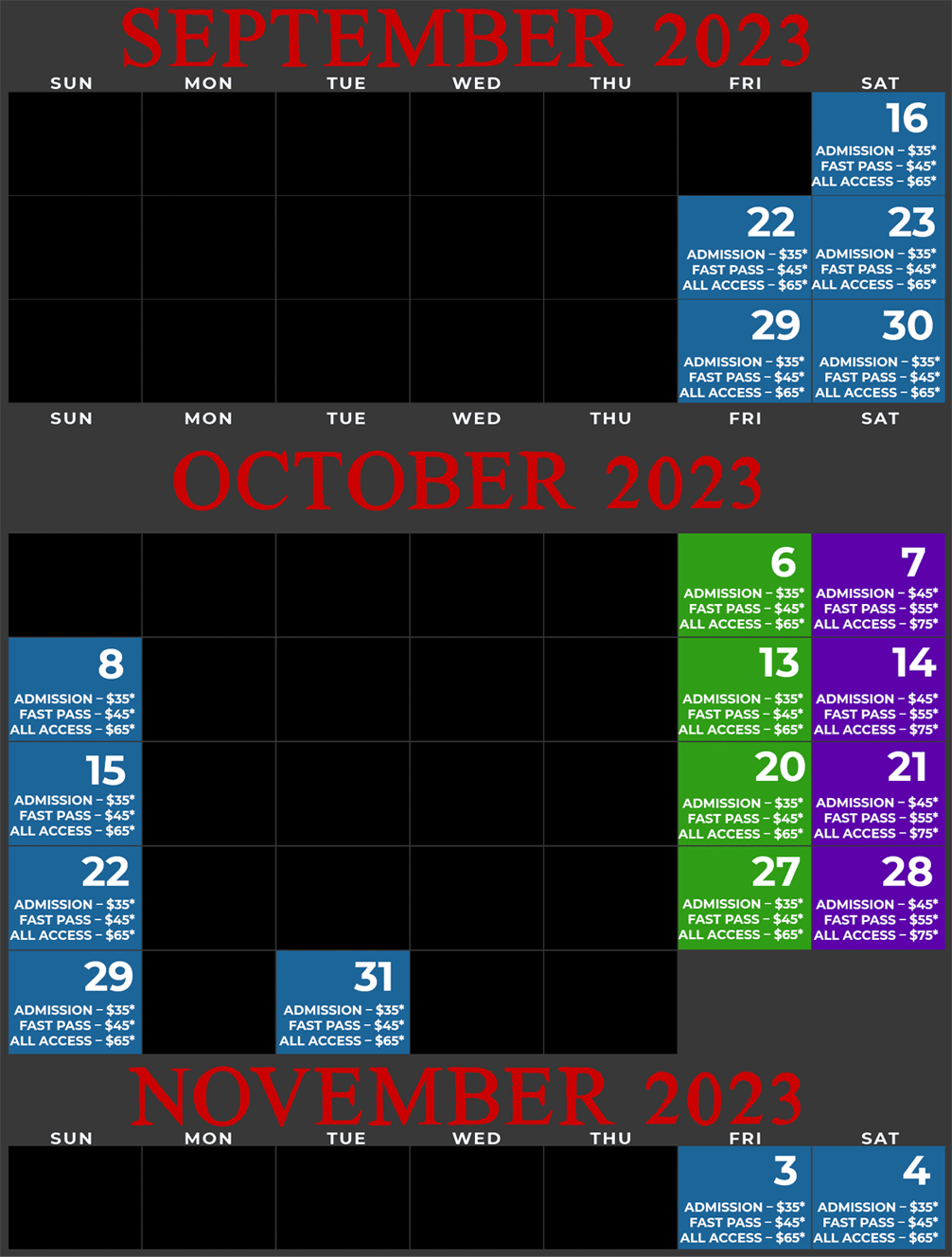 Woods of Terror Calendar - open dates and times for 2023