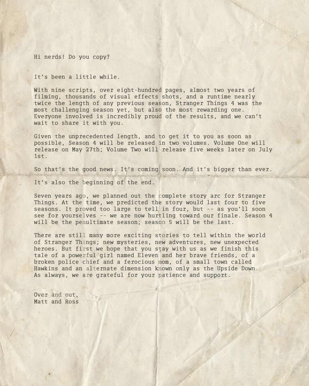 Stranger Things Season 4 Duffer Brothers Letter to Fans